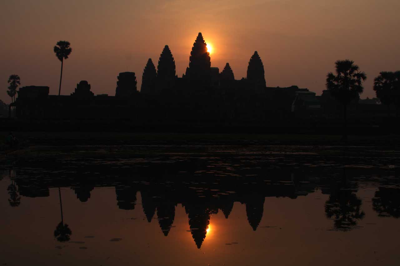 The-most-beautiful-Sunrise-with-reflection-at-Angkor-Wat-temple-Siemreap-Cambodia