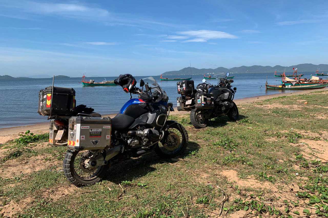 Two-motorcycle-on-the-beach-in-Cambodia